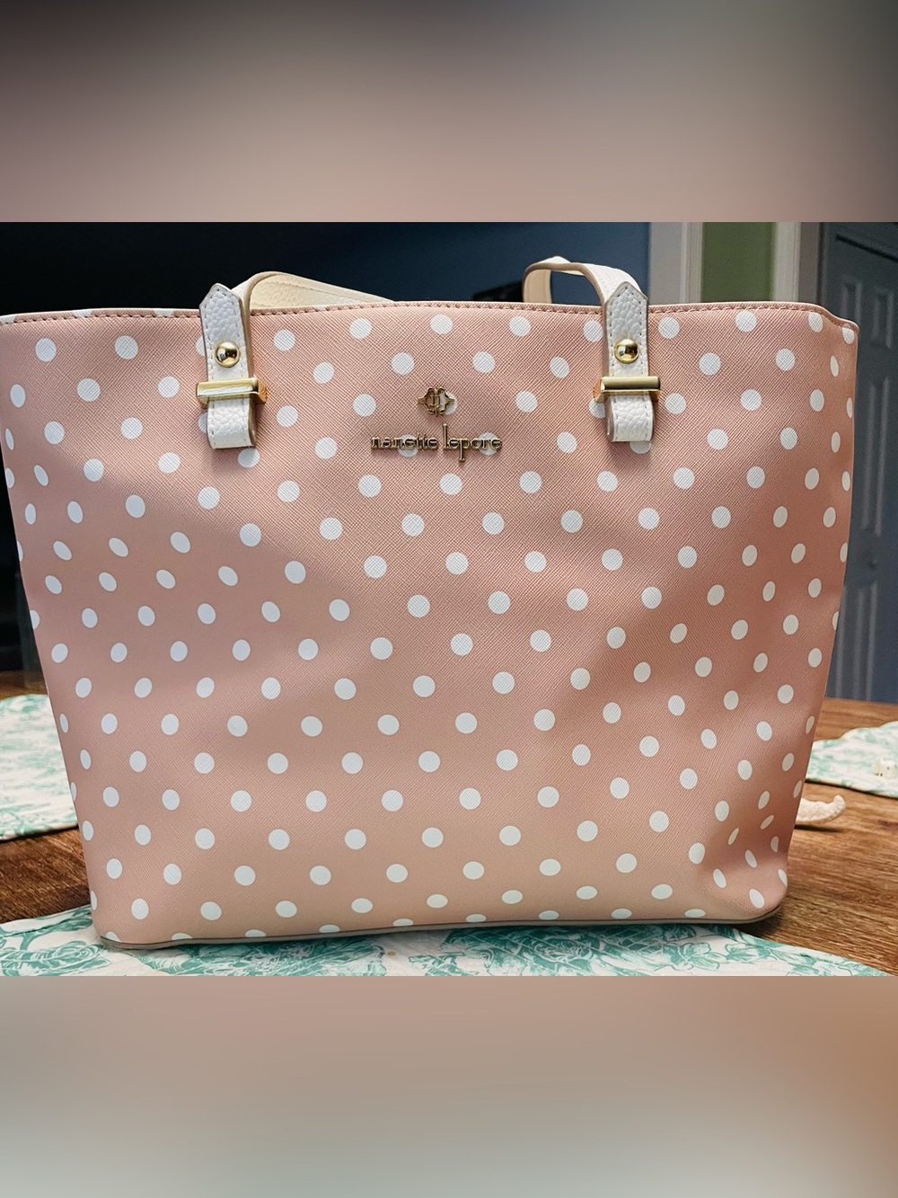 Nanette Lepore Tan/Peach and White Polka Dot Tote - Picture 3 of 11